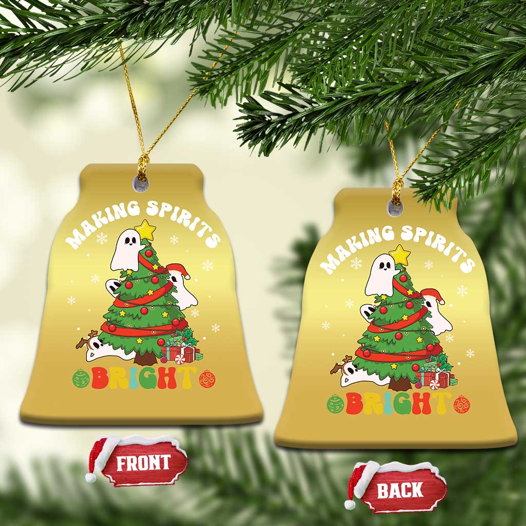 Gold bell-shaped Christmas ornaments with ghost and Christmas tree graphic, front/back tags