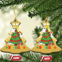 Gold Christmas-tree-shaped ornament set with ghost and tree graphic, front/back tags