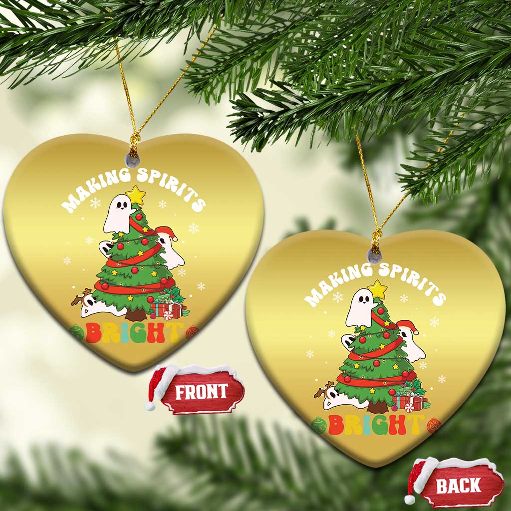 Gold heart-shaped Christmas ornaments with ghost and Christmas tree graphic, front/back tags