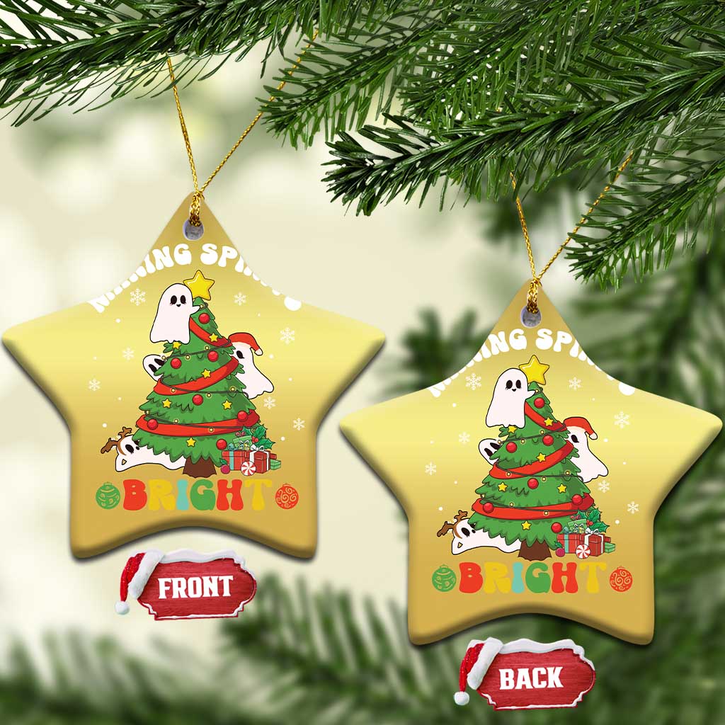 Gold star-shaped Christmas ornaments with ghost and Christmas tree graphic, front/back tags