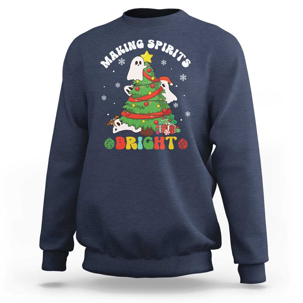 Navy crewneck sweatshirt with cute ghost Christmas tree graphic and “Bright” text.