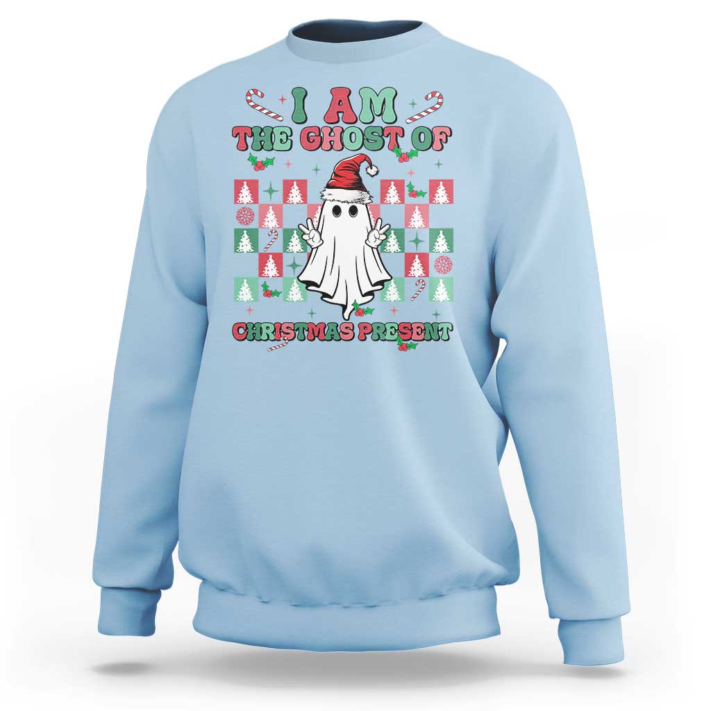 Light blue Christmas sweatshirt with colorful ghost-themed front graphic and festive text