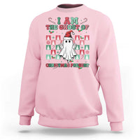 Light pink Christmas sweatshirt with colorful ghost-themed front graphic and festive text