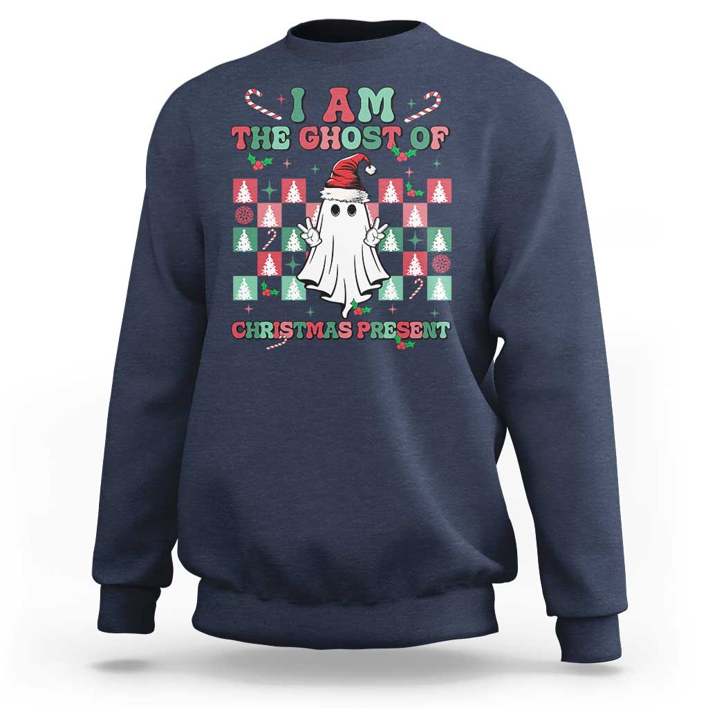 Navy Christmas sweatshirt with colorful ghost-themed front graphic and festive text