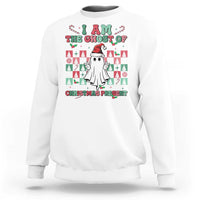 White Christmas sweatshirt with colorful ghost-themed front graphic and festive text