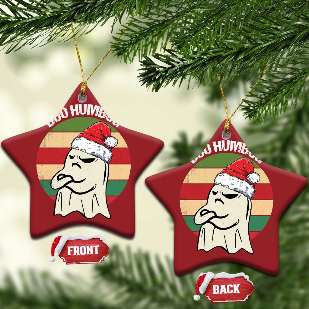 Red star-shaped ornament with ghost in a Santa hat and “BOO HUMBUG”