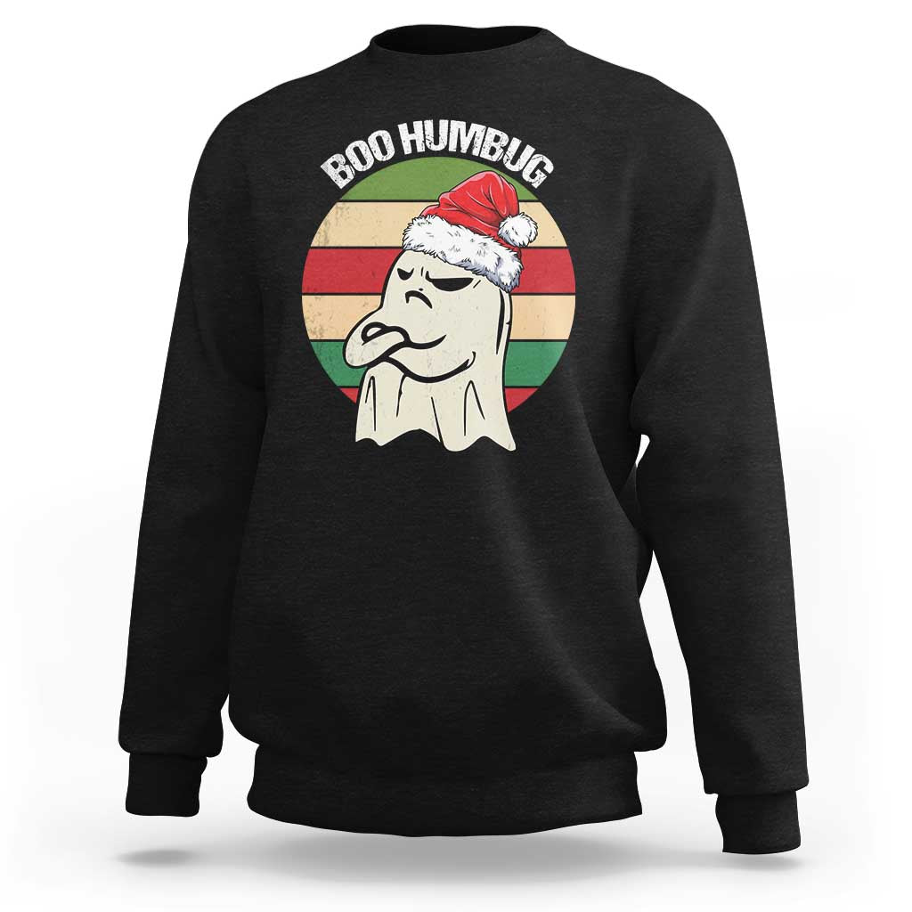 Black crewneck sweatshirt with Boo Humbug Santa-ghost graphic