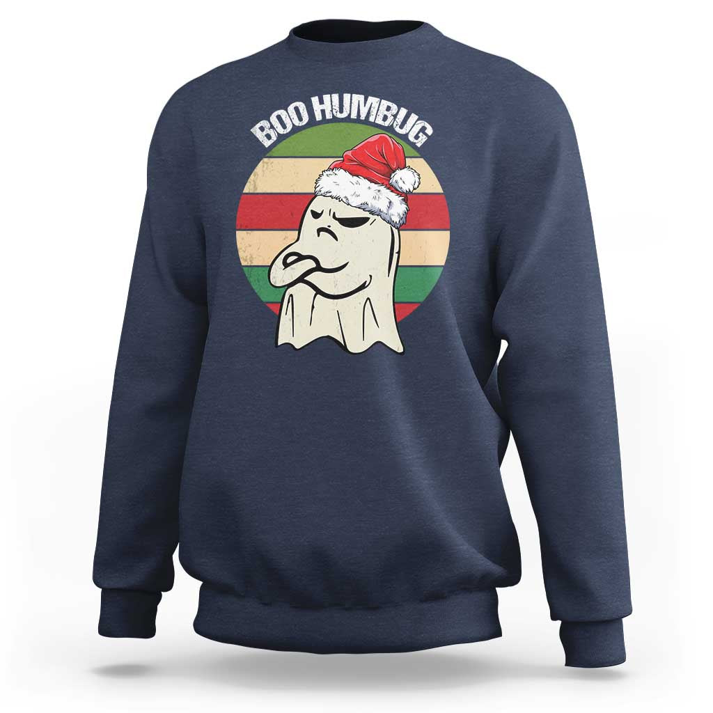 Navy crewneck sweatshirt with Boo Humbug Santa-ghost graphic