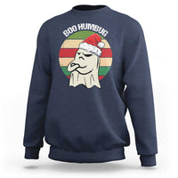 Navy crewneck sweatshirt with Boo Humbug Santa-ghost graphic