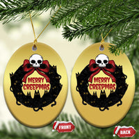Gold oval cat-wreath ornaments with skull and “Merry Creepmass” design