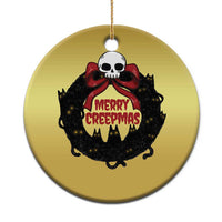 Gold round cat-wreath Christmas ornament with skull and “Merry Creepmass” text