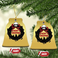 Gold bell-shaped cat-wreath ornament set with skull and “Merry Creepmass” front/back