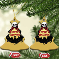 Gold bell-shaped cat-wreath Christmas ornaments with skull and “Merry Creepmass” design