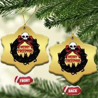 Gold heart-shaped cat-wreath ornament pair with skull “Merry Creepmass” front/back tags