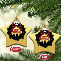 Gold star-shaped cat-wreath ornaments with skull and “Merry Creepmass” text