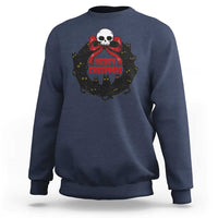 Navy gothic Christmas sweatshirt with cat wreath skull graphic and “MERRY CREEPmas” text