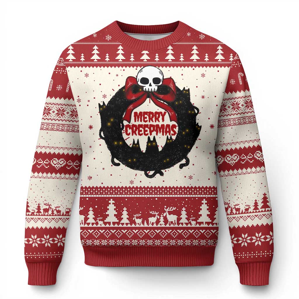 Red and white festive knit sweater with skull cat wreath graphic and snowflake patterns
