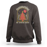 Dark brown gothic-style holiday sweatshirt with Christmas tree and skeleton graphic on front