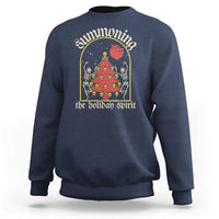 Navy gothic-style holiday sweatshirt with Christmas tree and skeleton graphic on front
