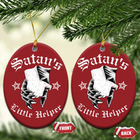 Two red oval Christmas ornaments with Satan's Little Helper graphic and gold hanging loops
