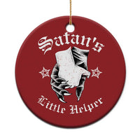 Red round Christmas ornament with Satan's Little Helper graphic and gold hanging loop