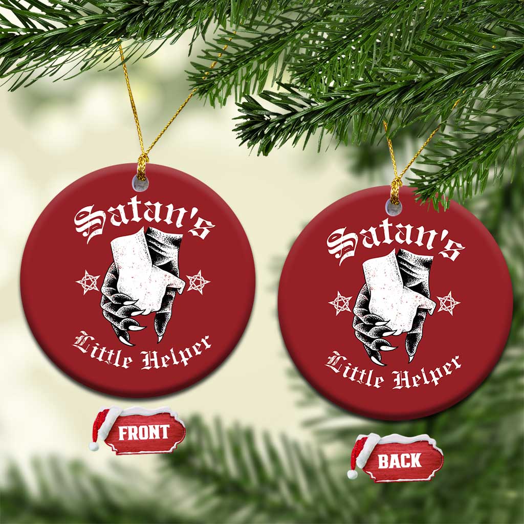 Two red round Christmas ornaments with Satan's Little Helper graphic; front and back labels shown