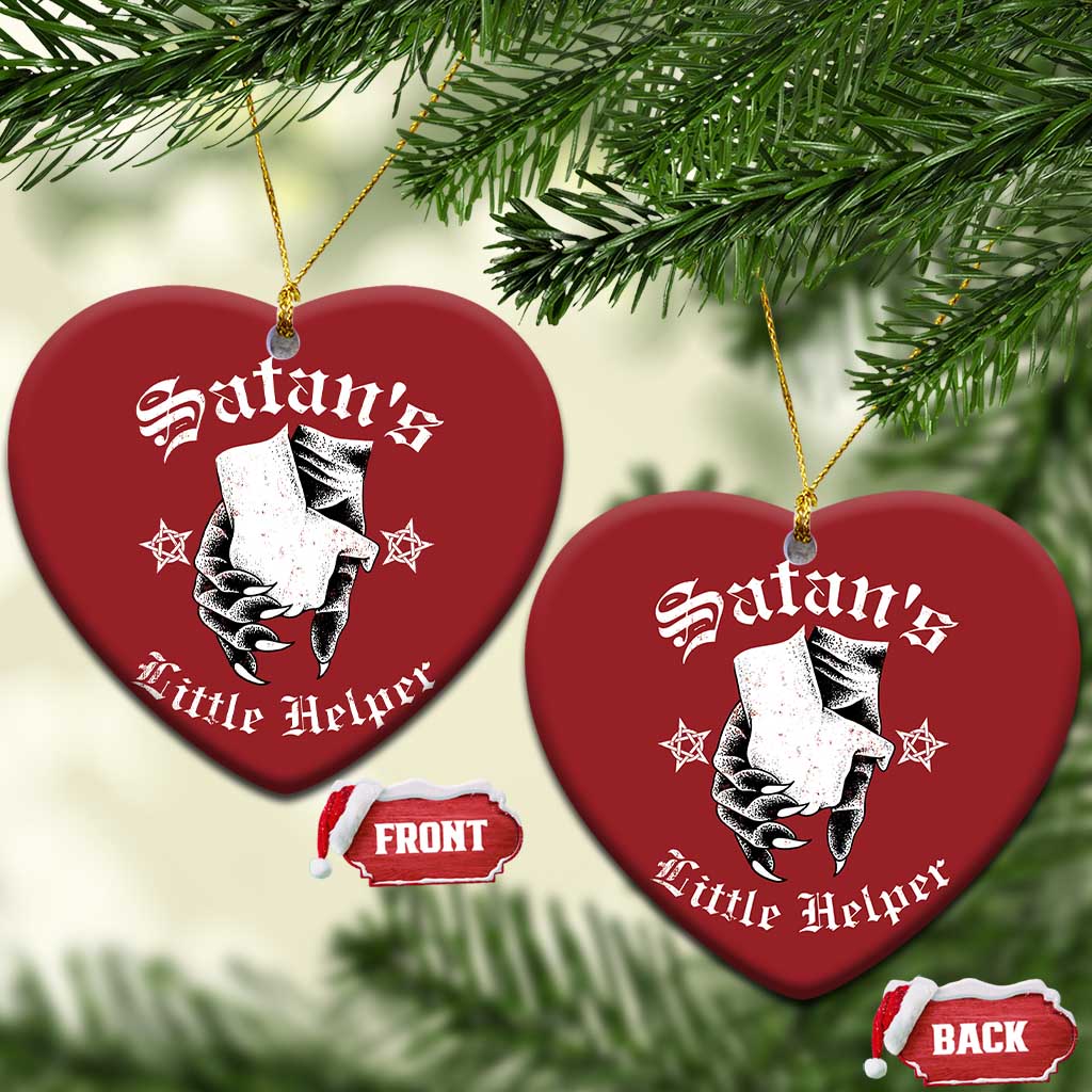Two red heart-shaped Christmas ornaments with Satan's Little Helper graphic and gold loops