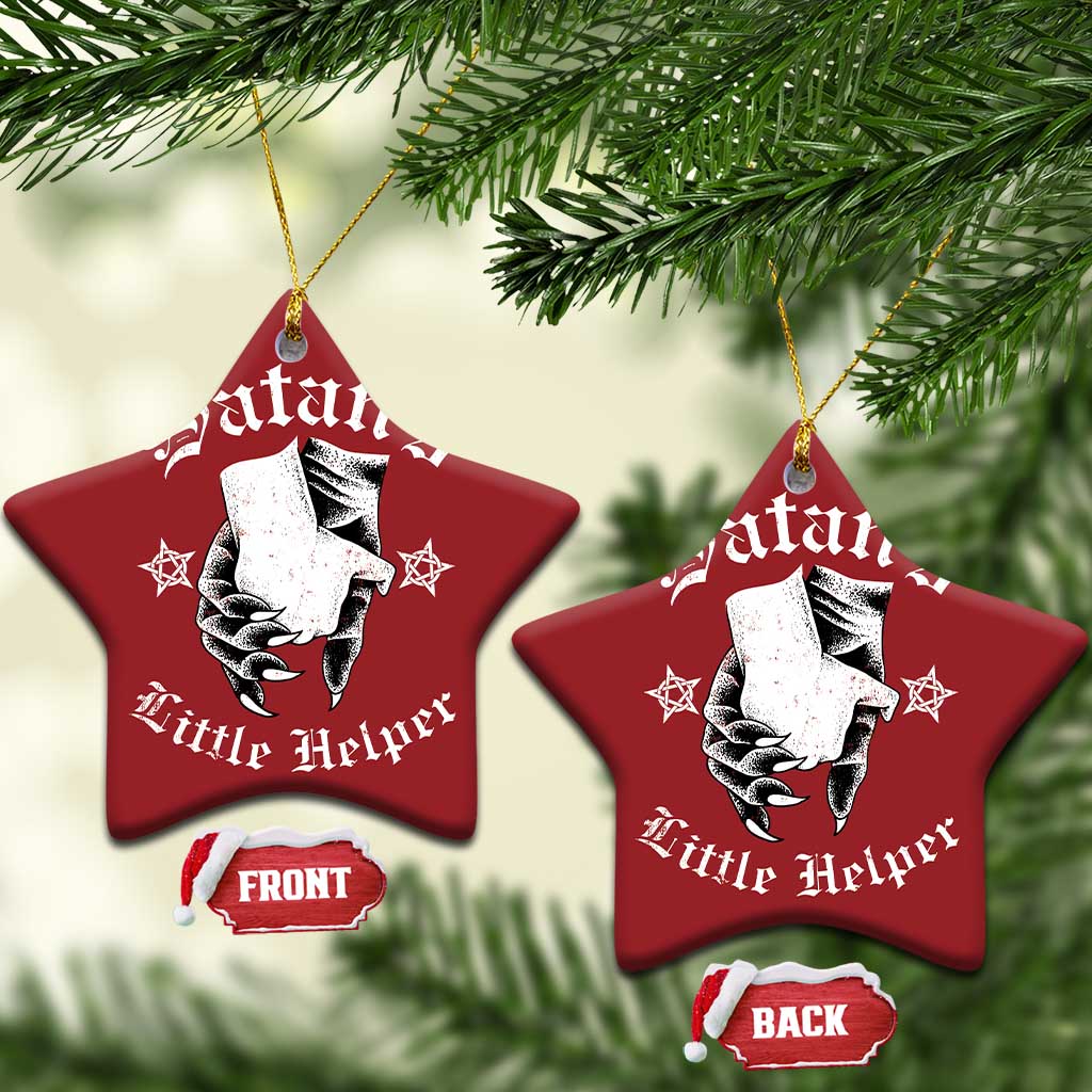 Two red star-shaped Christmas ornaments with Satan's Little Helper graphic; front and back labels
