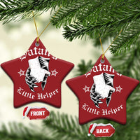 Two red star-shaped Christmas ornaments with Satan's Little Helper graphic; front and back labels