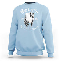 Light blue crewneck sweatshirt with front graphic and ribbed cuffs and hem