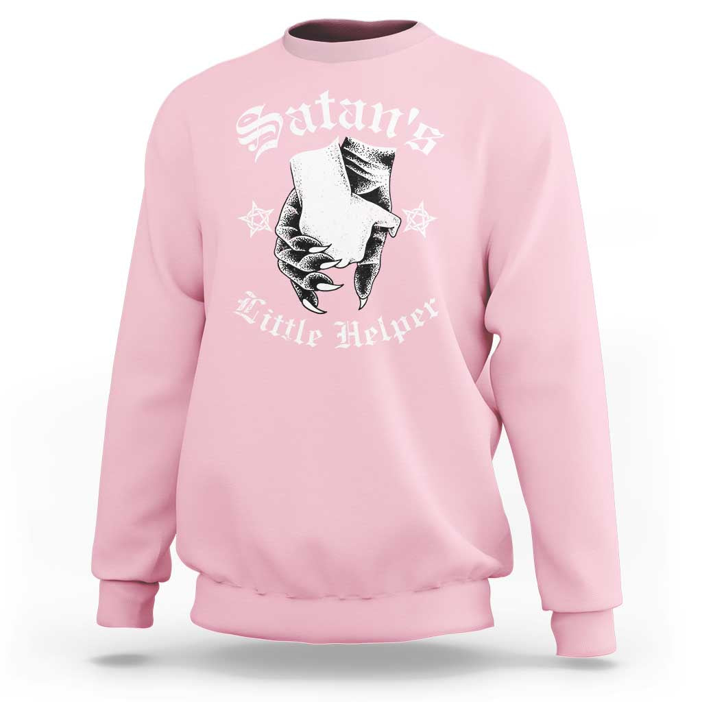 Light pink crewneck sweatshirt with front graphic and ribbed cuffs and hem