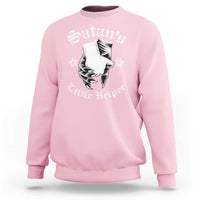 Light pink crewneck sweatshirt with front graphic and ribbed cuffs and hem