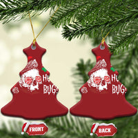 Red Christmas tree-shaped ornament with skull Santa graphic and 'BAH HUM BUG!' text, gold loops