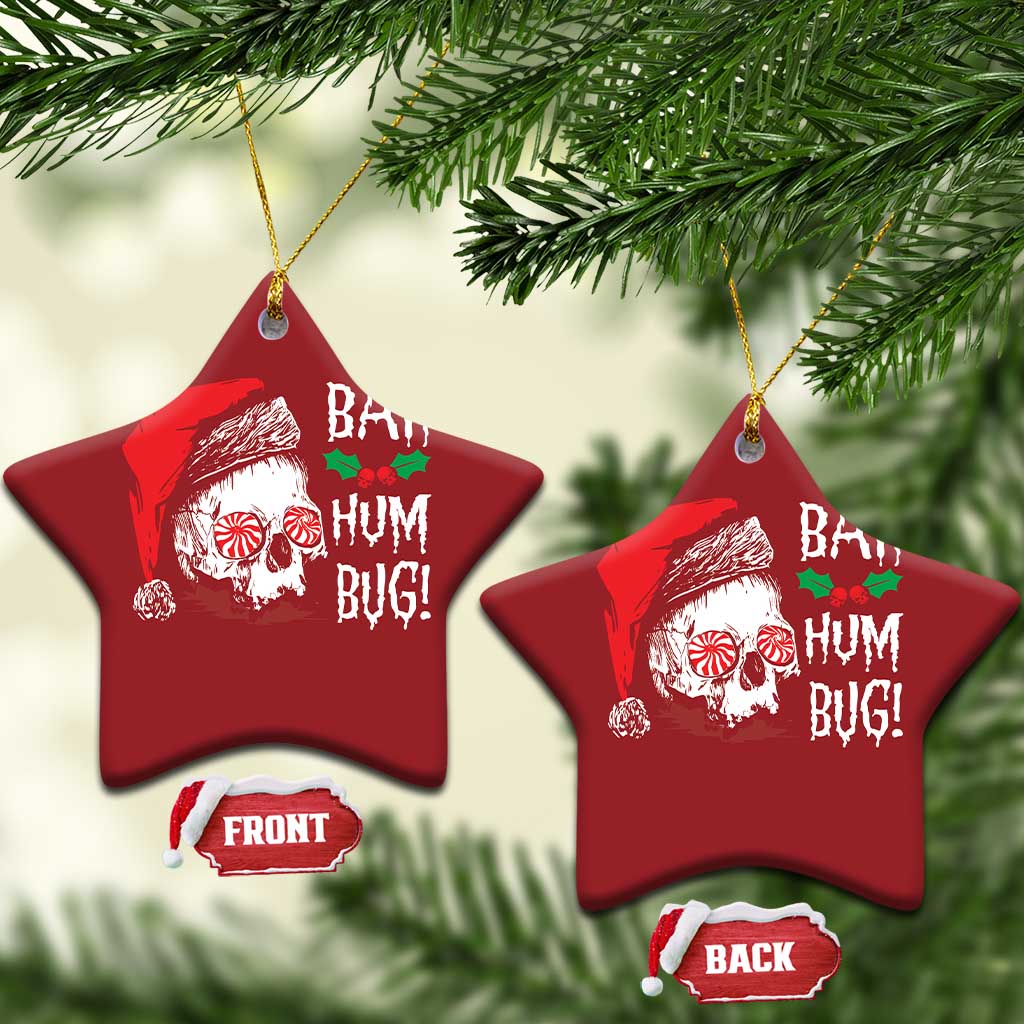 Red star-shaped Christmas ornament with skull Santa graphic and 'BAH HUM BUG!' text, gold loop