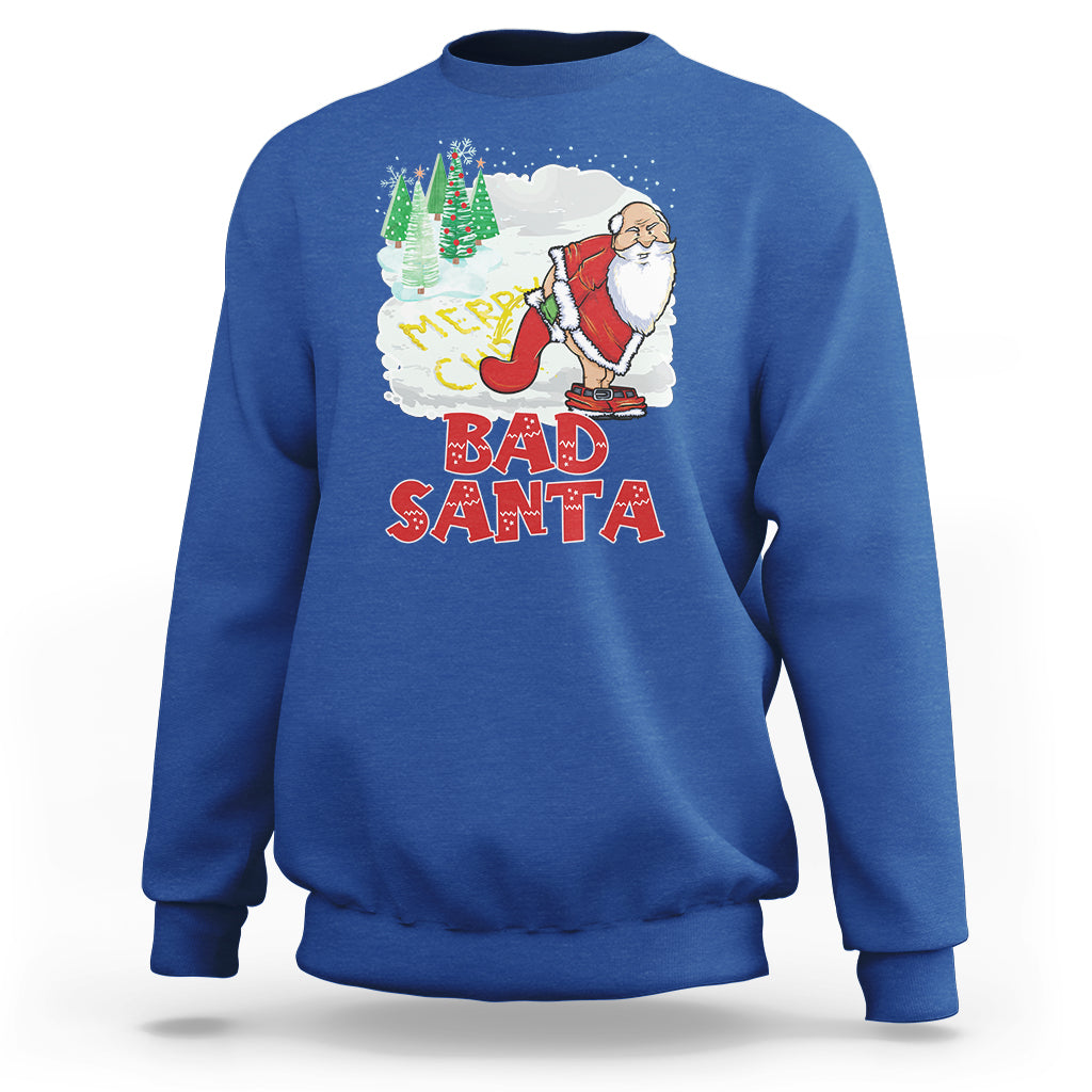Royal blue crewneck Christmas sweatshirt with 'Bad Santa' graphic