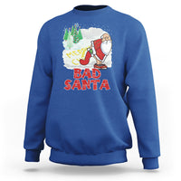 Royal blue crewneck Christmas sweatshirt with 'Bad Santa' graphic