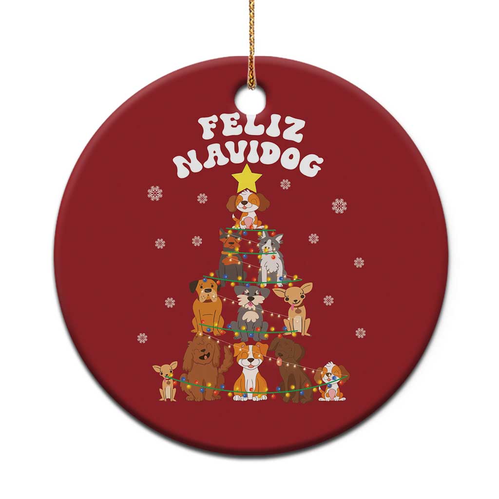 Red round Feliz Navidog dog Christmas ornament with gold hanging loop and multicolor print