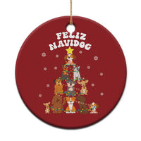 Red round Feliz Navidog dog Christmas ornament with gold hanging loop and multicolor print