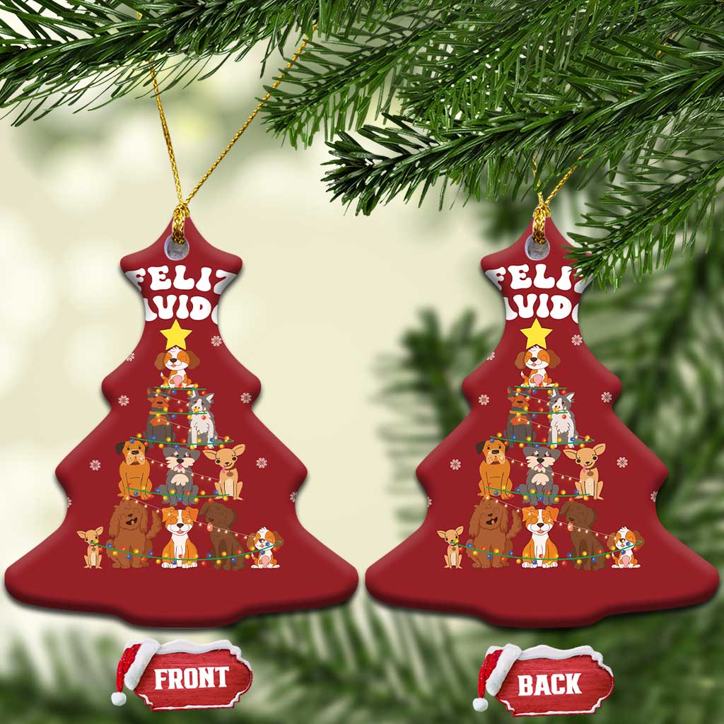 Two red bell-shaped Feliz Navidog dog Christmas ornaments with gold loops, front and back