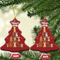 Two red bell-shaped Feliz Navidog dog Christmas ornaments with gold loops, front and back