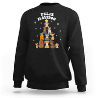 Black Christmas dog sweatshirt with colorful tree-and-dogs Feliz Navidad graphic on chest