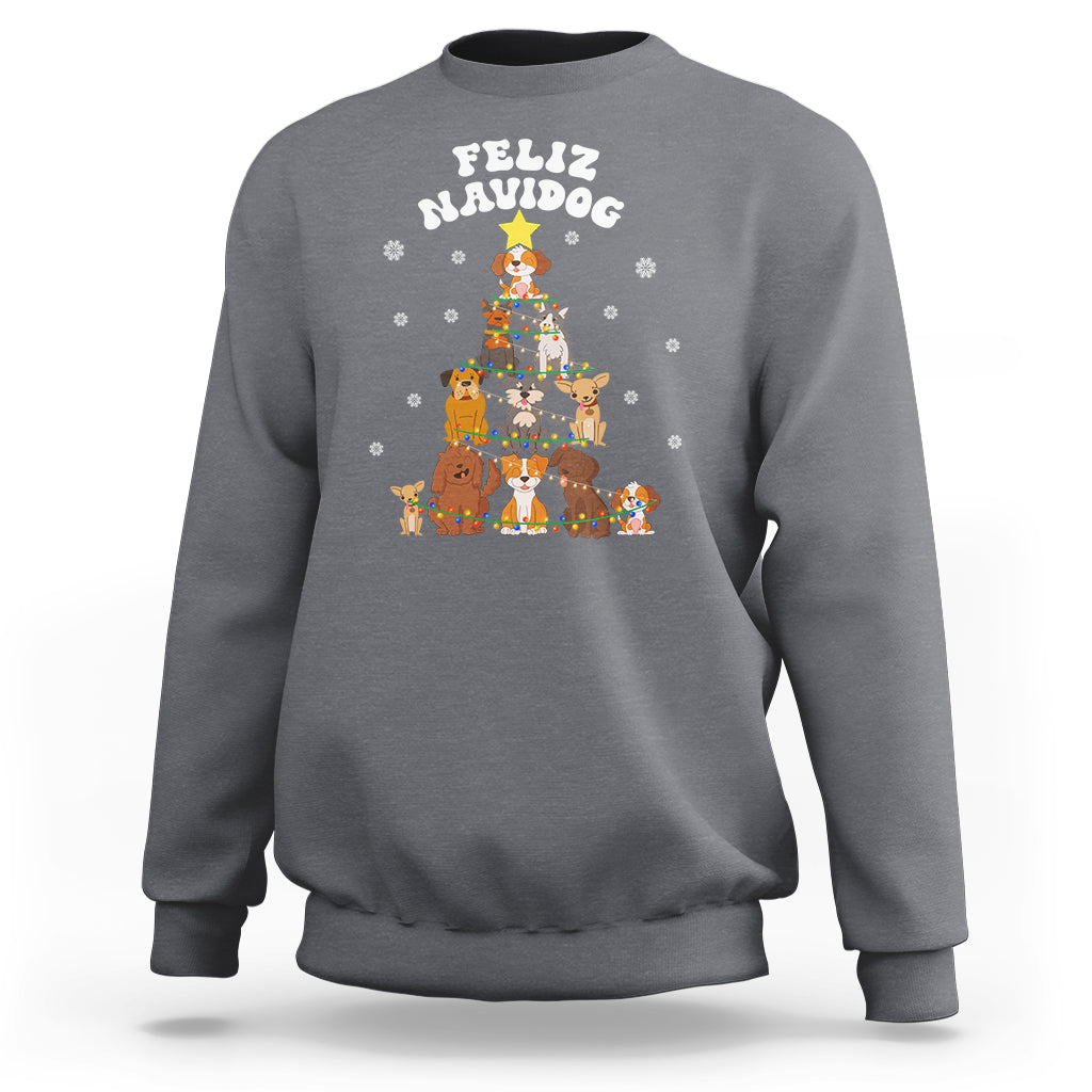 Charcoal gray Christmas dog sweatshirt with tree-and-dogs Feliz Navidad graphic on chest