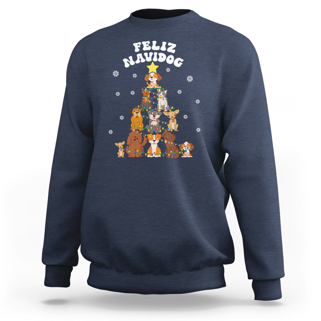Navy Christmas dog sweatshirt with tree-and-dogs Feliz Navidad graphic on the front