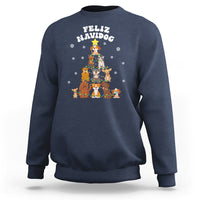 Navy Christmas dog sweatshirt with tree-and-dogs Feliz Navidad graphic on the front