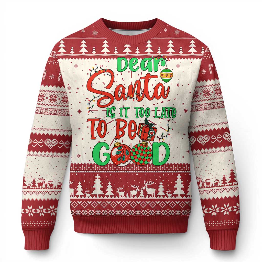 Red ugly Christmas sweater with deer and Santa graphic, striped knit cuffs