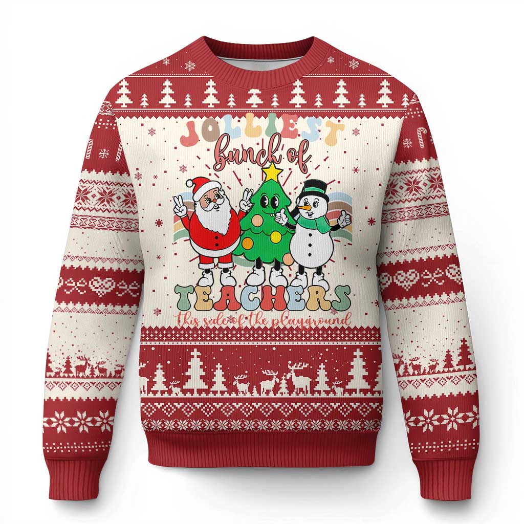 Red ugly Christmas sweater with snowman and green tree graphic, crew neck cuffs