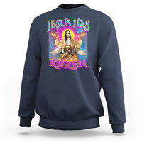 Navy sweatshirt with colorful “JESUS HAS RIZZEN” front graphic