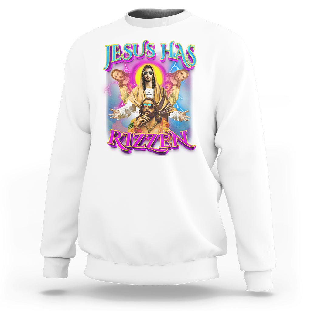 White sweatshirt with colorful “JESUS HAS RIZZEN” front graphic