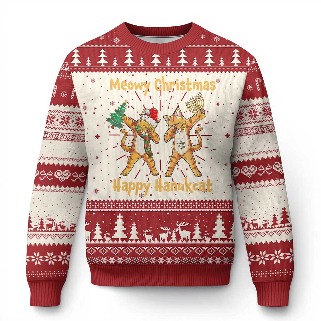 Red and cream knit Christmas sweater with cat graphic, trees, and festive patterned hem
