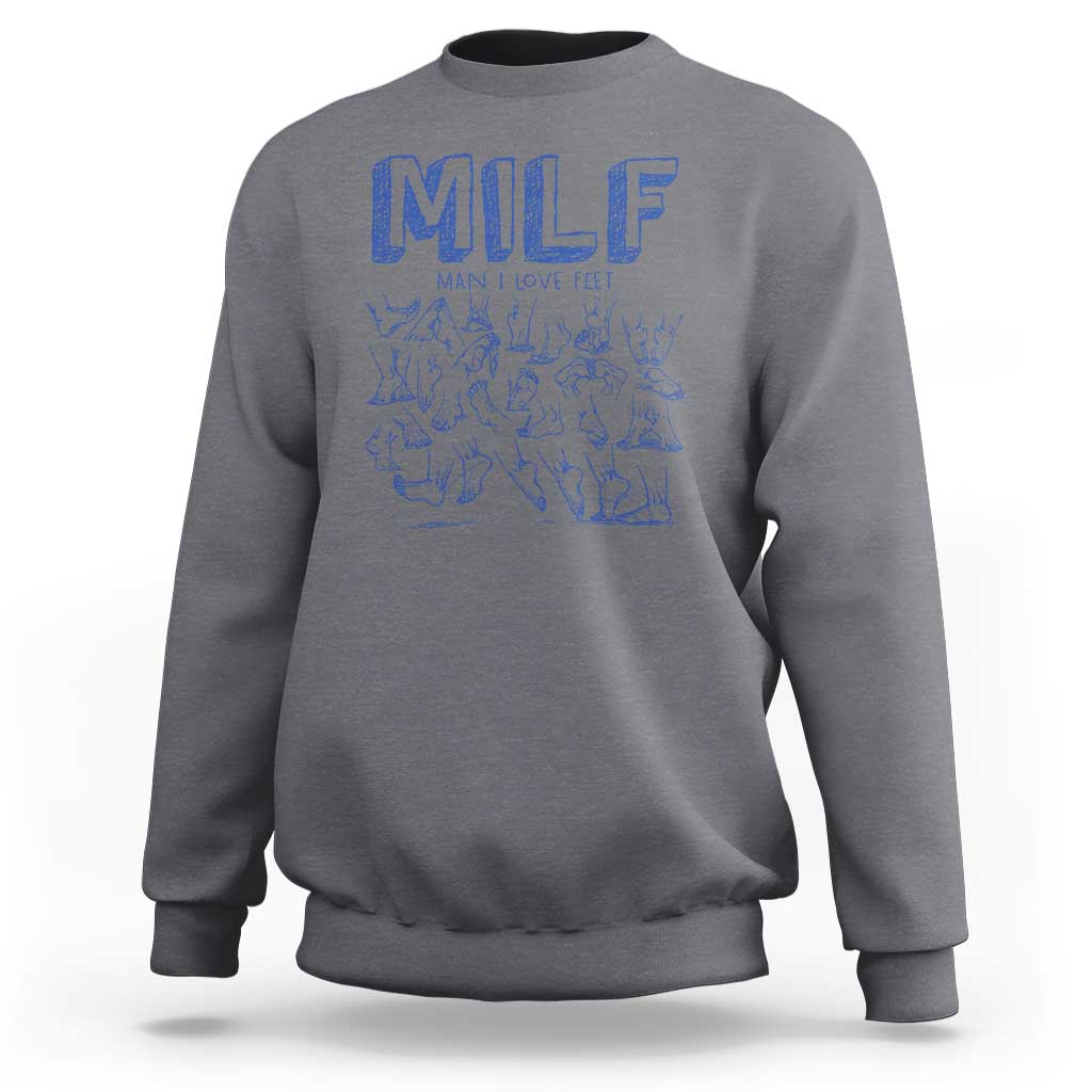 Charcoal gray crewneck sweatshirt with blue “MILF” graphic and small text above